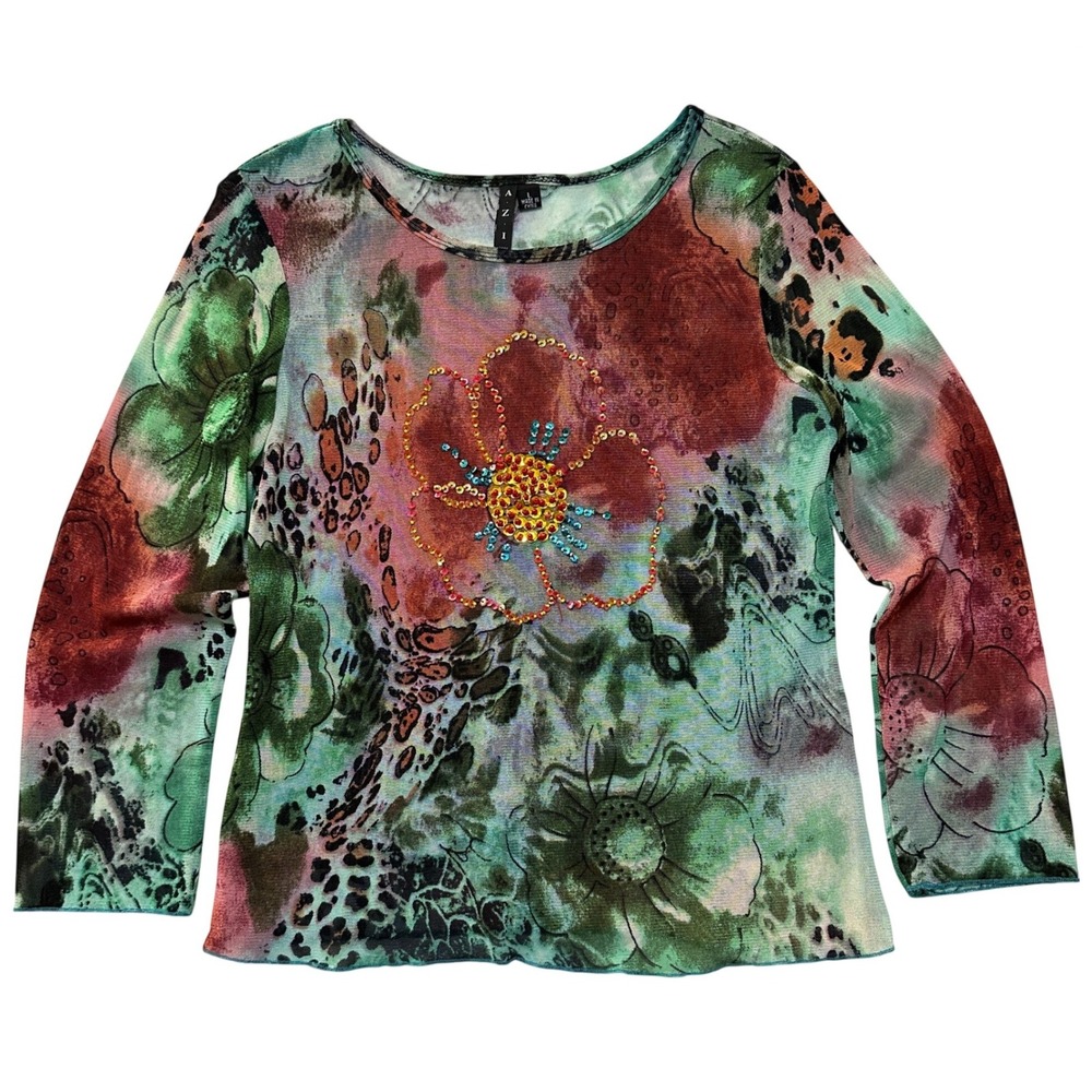 Y2K AZI Jeans Floral Mesh Top Womens L Sequin Whimsigoth Grunge Fairy Indie